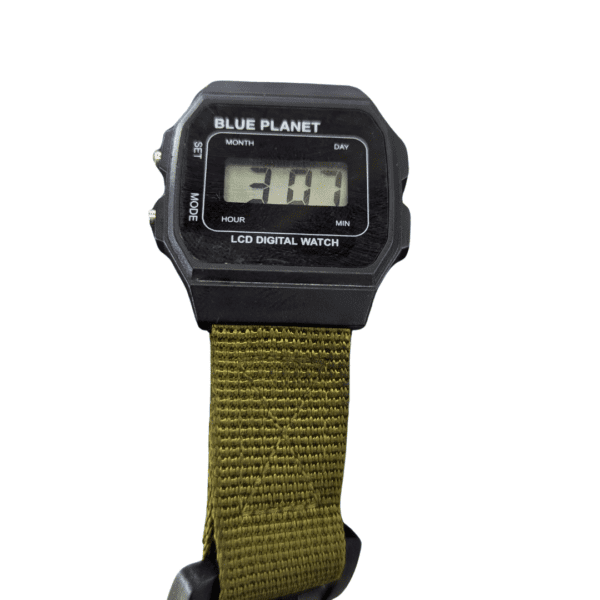 "Black digital watch with an LCD screen and olive green nylon strap – perfect for tactical and everyday use."