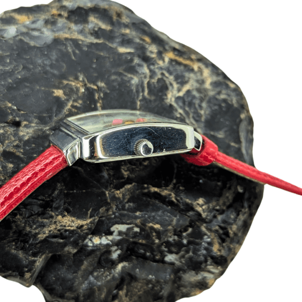 Side View of the Minimalist Red Leather Strap Watch with Silver Case