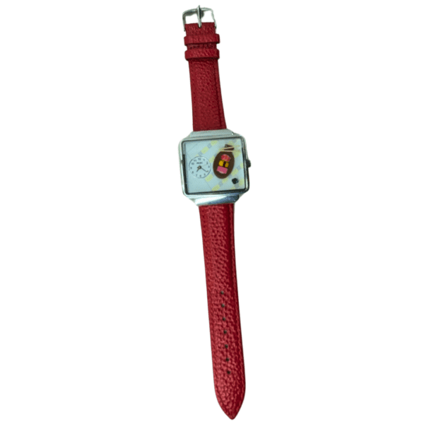Full View of the Red Leather Strap Watch with Minimalist Dial and Strap