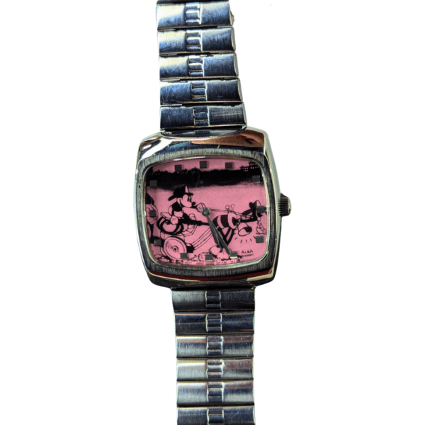 Vintage Mickey Mouse watch with a pink dial featuring Mickey and Minnie Mouse in a retro scene.