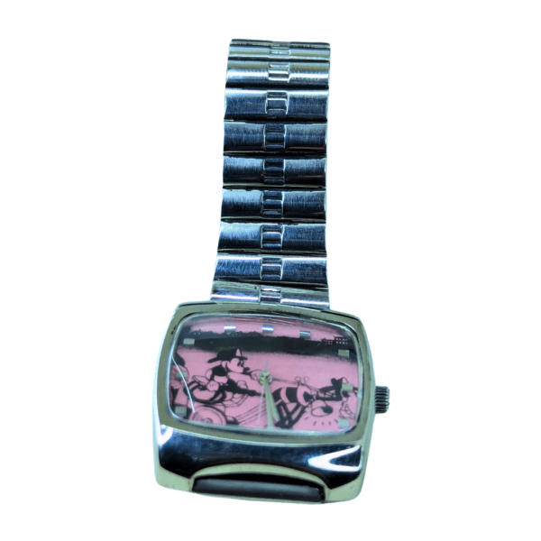 Mickey and Minnie Mouse design on a rare vintage watch, with a square-shaped dial and steel band.